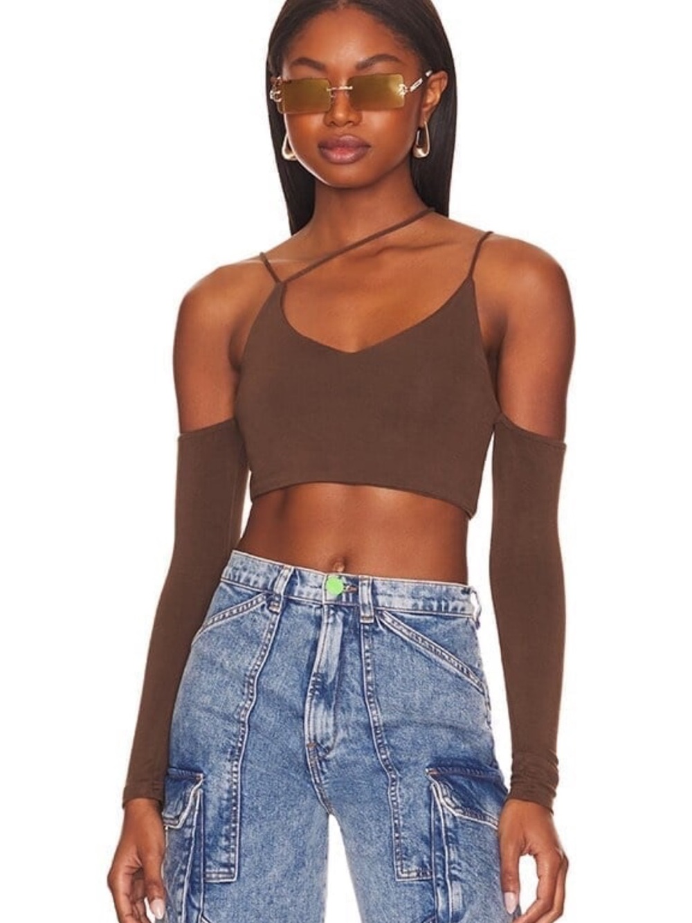 superdown Brown Asymmetrical Cutout Long Sleeve Crop Top